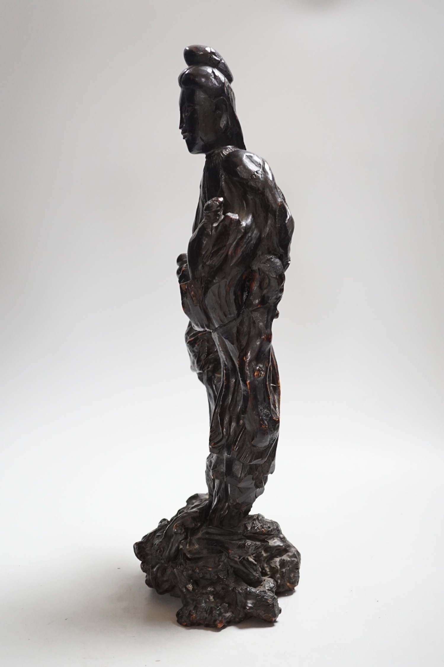 A Chinese root wood carving of two women, 42cm